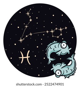 Ilustración vectorial brillante con el signo del zodiaco Piscis. Horóscopo infantil. Constellation en el cielo nocturno. Carácter dibujado a mano para pronóstico astrológico