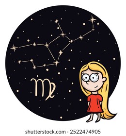 Bright vector illustration with the zodiac sign Virgo. Children's horoscope. Constellation in the night sky. Hand drawn character for astrological forecast