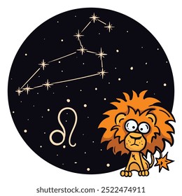 Ilustração de vetor brilhante com o signo zodíaco Leo. Horóscopo infantil. Constelação no céu noturno. Caractere desenhado à mão para previsão astrológica