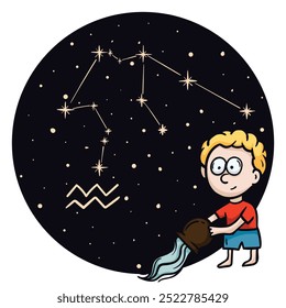 Bright vector illustration with the zodiac sign Aquarius. Childrens horoscope. Constellation in the night sky. Hand drawn character for astrological forecast. Vector illustration