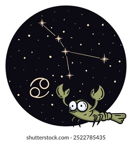 Bright vector illustration with the zodiac sign Cancer. Children's horoscope. Constellation in the night sky. Hand drawn character for astrological forecast. Vector illustration