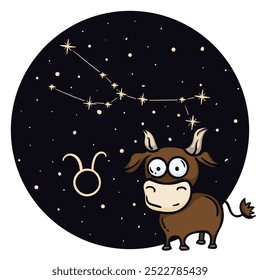 Ilustración vectorial brillante con el signo del zodiaco Tauro. Horóscopo infantil. Constellation en el cielo nocturno. Carácter dibujado a mano para el pronóstico astrológico. Ilustración vectorial