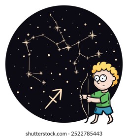 Ilustración vectorial brillante con el signo del zodiaco Sagitario. Horóscopo infantil. Constellation en el cielo nocturno. Carácter dibujado a mano para el pronóstico astrológico. Ilustración vectorial