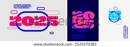 Bright vector illustrations of postcards featuring bold 2025 typography, vibrant colors, dynamic layouts, and modern circular accents.