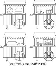 bright vector illustrations, set carts with street food, kiosks with fast food and sweets, doodle and sketch, coloring book 