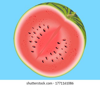Imagen vectorial brillante de medio sandía colorida. Fresca berry de caricatura aislada de fondo azul.