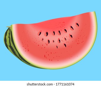 Bright vector image of colorful slice of juice watermelon. Fresh cartoon berry isolated on blue background.