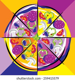 bright vector image of dissected pizza. stylized stained glass