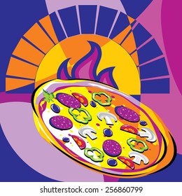 bright vector image of pizza out of the oven. stylized stained glass