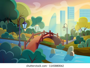 Bright vector image of summer autumn cartoon park with bridge across small river in sparkles with city on background. Game smooth design.