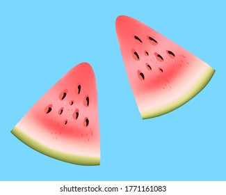 Bright vector image of two colorful slices of watermelon juice. Fresh cartoon berry isolated on a blue background.