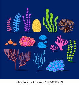 bright vector images of marine plants and elements of underwater fauna