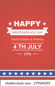 Bright vector to the Independence Day. July 4th Celebration in America. United States of America. Symbol feast of stars, blue and red background. Beautiful illustrations with typography poster