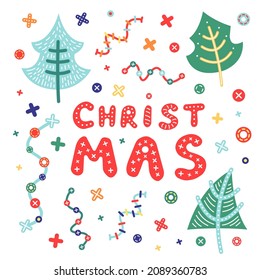 Bright vector inscription for Christmas in Scandinavian style with children's doodles. Colorful illustration or print for gifts, greeting cards, gifts, textiles, fabrics, prints, wrapping