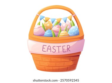 Bright vector isolated illustration of Easter basket filled with colorful decorated eggs and fresh green grass, adorned with festive bunting. Perfect for holiday design, greeting card, invitations