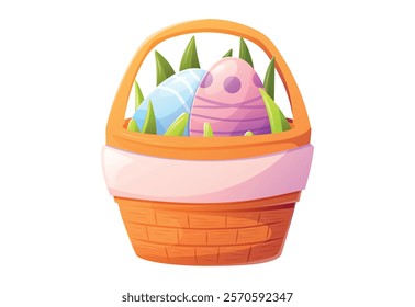 Bright vector isolated illustration of Easter basket filled with colorful decorated eggs and fresh green grass, adorned with festive bunting. Perfect for holiday design, greeting card, invitations