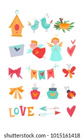 Bright vector kit with decorative love objects: angel, birdhouse, birds, ladybug, heart, branches, cupid, nest, flashlight, garland, love, ribbon, envelope. Isolated elements in style of the 1950s.