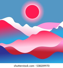 Bright vector landscape with mountains and sun