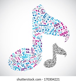 Bright vector light musical note isolated on white background, decorative musical symbol. 