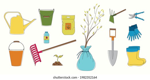 Bright vector line art set of tools for gardening and agriculture. Spring and summer planting