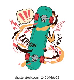 Bright vector logo with skateboards, words and paint splashes. Hand drawn illustration for sticker, poster, patch or print on t-shirt, street culture