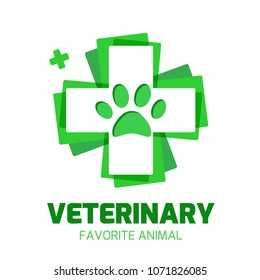Bright vector logo of the Veterinary clinic. The logotype of the pharmacy for the animals, cross green color isolated on white background.