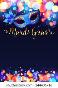 Bright vector Mardi Gras poster template with bokeh effect lights and blue carnival mask