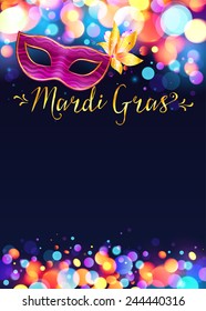 Bright vector Mardi Gras poster template with bokeh effect lights and pink carnival mask