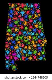 Bright vector marijuana Alabama State map collage on a black background. Template with psychedelic weed leaves for weed legalize campaign. Vector Alabama State map is formed from marijuana leaves.