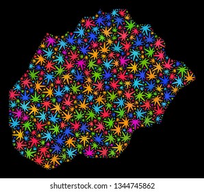Bright vector marijuana Alegranza Island map collage on a black background. Template with bright weed leaves for marijuana legalize campaign.