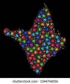 Bright vector marijuana Amapa state map collage on a black background. Template with multi-colored weed leaves for marijuana legalize campaign. Vector Amapa state map is organized with weed leaves.