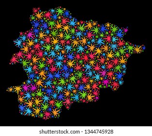 Bright vector marijuana Andorra map collage on a black background. Concept with bright weed leaves for cannabis legalize campaign. Vector Andorra map is constructed with marijuana leaves.