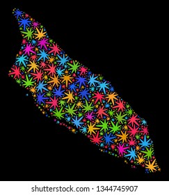 Bright vector marijuana Aruba Island map collage on a black background. Template with colorful weed leaves for weed legalize campaign. Vector Aruba Island map is organized with weed leaves.