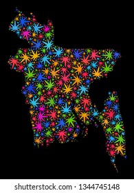 Bright vector marijuana Bangladesh map mosaic on a black background. Template with bright weed leaves for weed legalize campaign. Vector Bangladesh map is designed with herbal leaves.