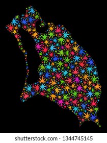 Bright vector marijuana Barbuda Island map mosaic on a black background. Template with multi-colored herbal leaves for weed legalize campaign.