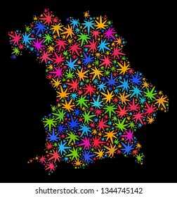 Bright vector marijuana Bavaria Land map collage on a black background. Concept with colored herbal leaves for marijuana legalize campaign. Vector Bavaria Land map is formed with marijuana leaves.