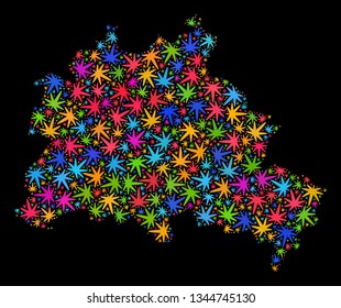 Bright vector marijuana Berlin City map mosaic on a black background. Template with bright weed leaves for marijuana legalize campaign. Vector Berlin City map is organized with weed leaves.