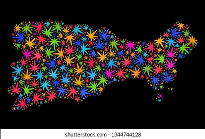 Bright vector marijuana Capri Island map collage on a black background. Template with multi-colored weed leaves for marijuana legalize campaign. Vector Capri Island map is formed with weed leaves.