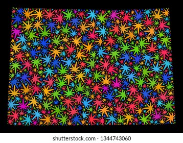 Bright vector marijuana Colorado State map collage on a black background. Template with bright weed leaves for marijuana legalize campaign. Vector Colorado State map is formed with cannabis leaves.
