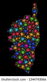 Bright vector marijuana Corsica map mosaic on a black background. Concept with colorful weed leaves for marijuana legalize campaign. Vector Corsica map is created from weed leaves.