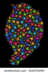 Bright vector marijuana Corvo Island map mosaic on a black background. Template with bright weed leaves for marijuana legalize campaign. Vector Corvo Island map is composed of weed leaves.