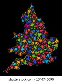 Bright vector marijuana England map collage on a black background. Concept with bright weed leaves for marijuana legalize campaign. Vector England map is organized with weed leaves.