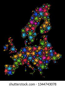 Bright vector marijuana Euro Union map collage on a black background. Template with bright weed leaves for weed legalize campaign. Vector Euro Union map is created of marijuana leaves.