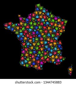 Bright vector marijuana France map collage on a black background. Template with bright weed leaves for cannabis legalize campaign. Vector France map is created with cannabis leaves.