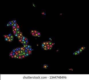 Bright vector marijuana Galapagos Islands map mosaic on a black background. Concept with bright weed leaves for hemp legalize campaign. Vector Galapagos Islands map is composed with cannabis leaves.