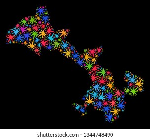 Bright vector marijuana Gansu Province map mosaic on a black background. Concept with psychedelic weed leaves for marijuana legalize campaign.