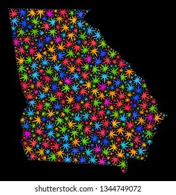 Bright vector marijuana Georgia State map collage on a black background. Concept with bright herbal leaves for marijuana legalize campaign. Vector Georgia State map is organized of marijuana leaves.
