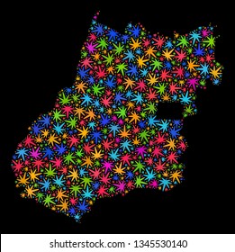 Bright vector marijuana Goias State map collage on a black background. Template with psychedelic weed leaves for weed legalize campaign. Vector Goias State map is constructed with ganja leaves.