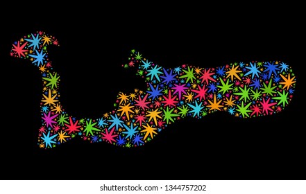 Bright vector marijuana Grand Cayman Island map mosaic on a black background. Concept with bright herbal leaves for hemp legalize campaign.