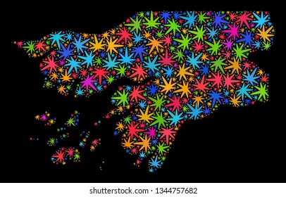 Bright vector marijuana Guinea-Bissau map collage on a black background. Template with colorful herbal leaves for marijuana legalize campaign.